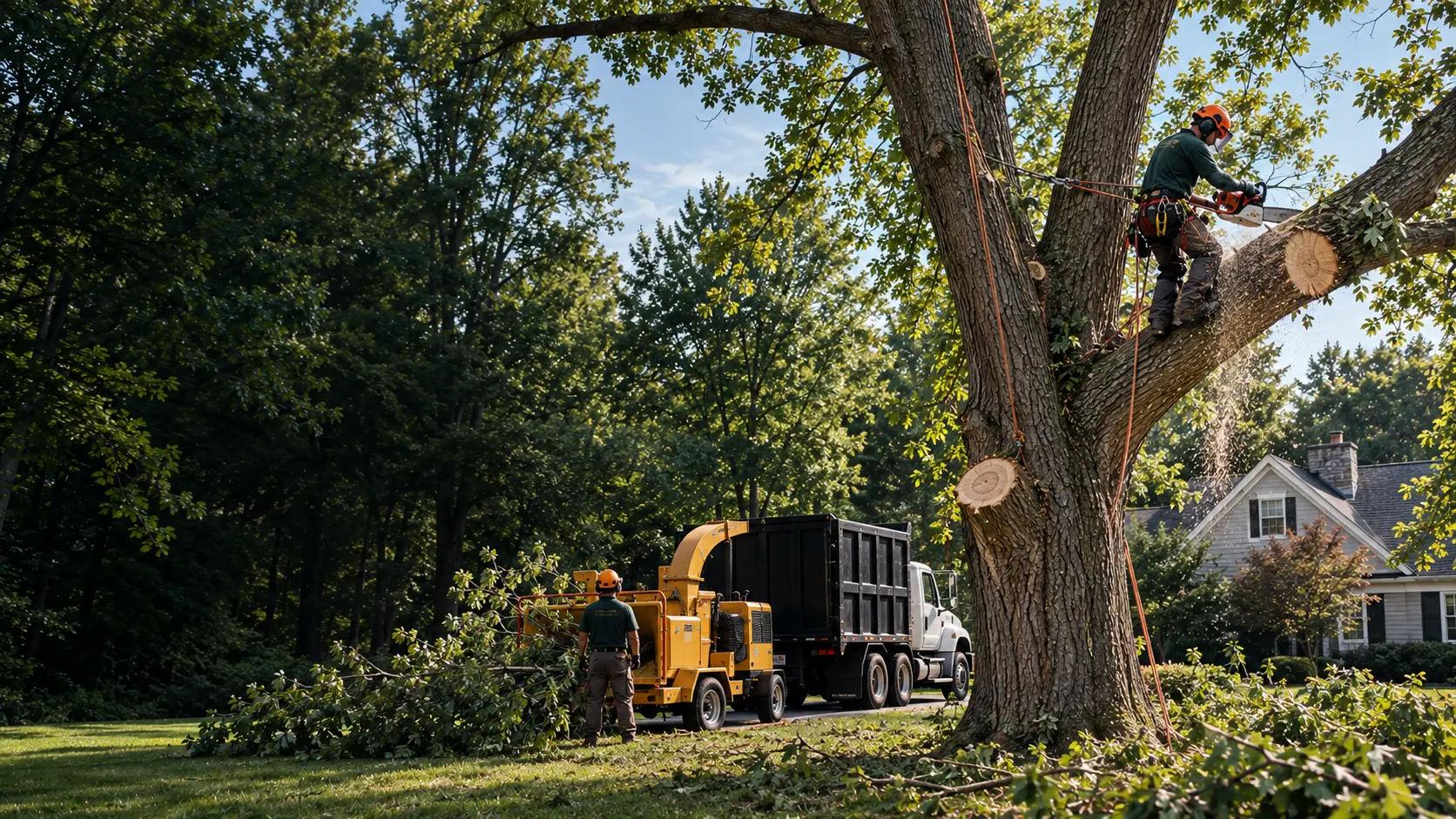 BNTR crew taking down a large tree — one in the tree with a saw, one feeding a chipper